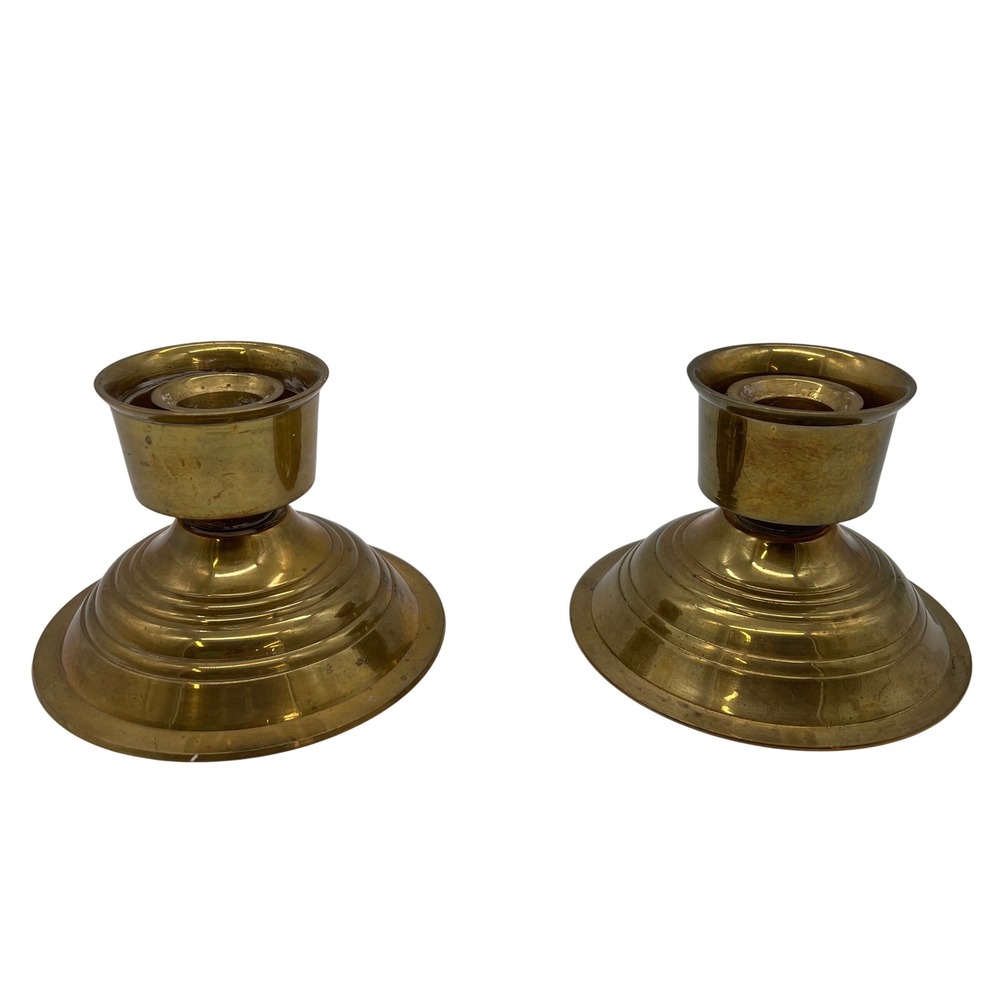 Heavy Solid Brass MCM Candlesticks Pair, PWF India, Original Stickers Tiered VTG
